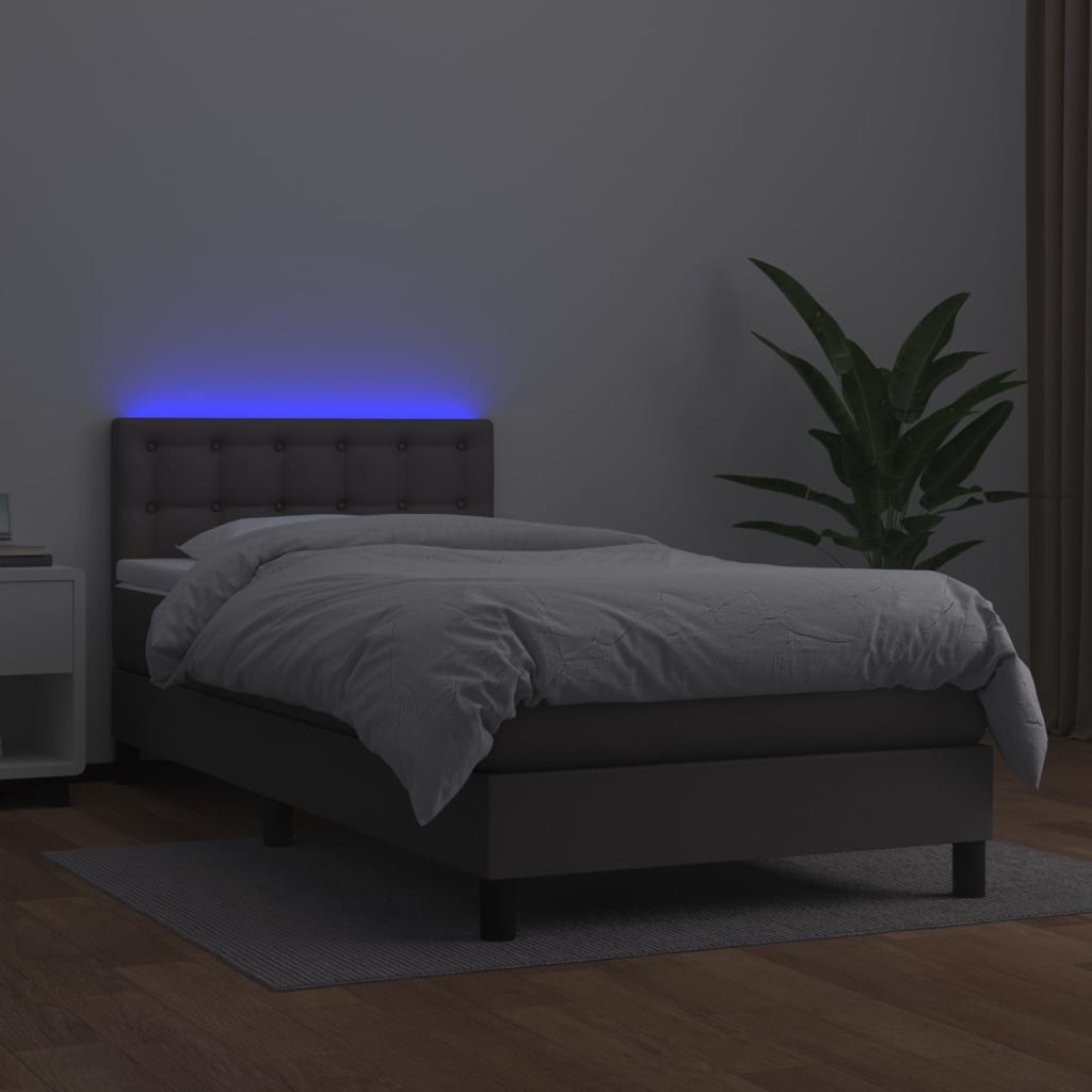 vidaXL Pat cu arcuri, saltea și LED, gri, 90x190 cm, piele ecologică