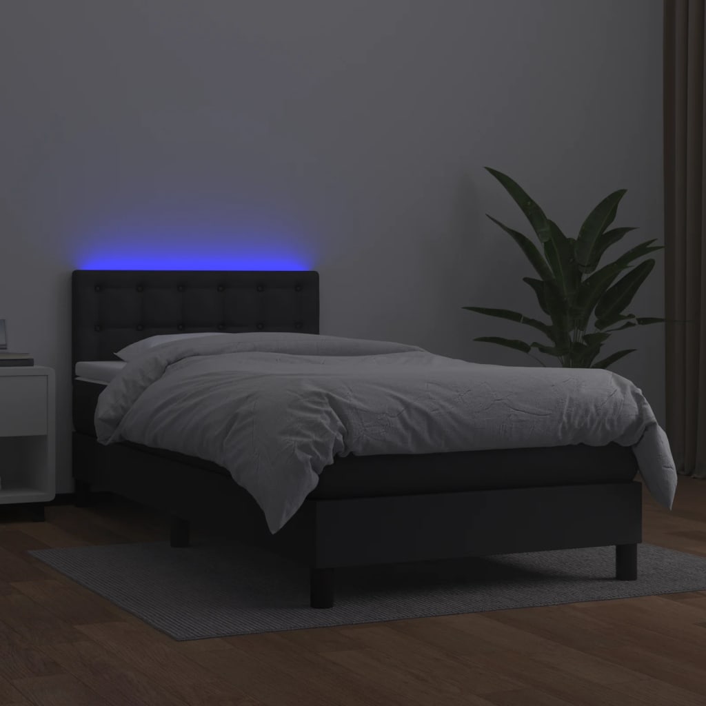 vidaXL Pat cu arcuri, saltea și LED, negru, 90x200 cm, piele ecologică