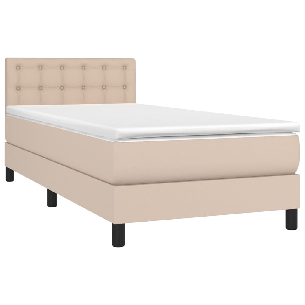 vidaXL Pat cu arcuri, cu saltea și LED, cappuccino 90x200 cm piele eco