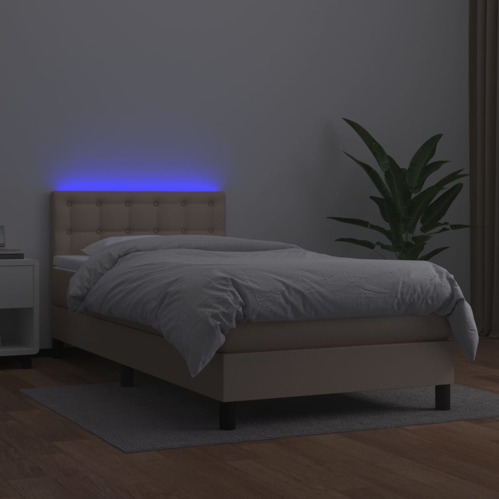 vidaXL Pat cu arcuri, cu saltea și LED, cappuccino 90x200 cm piele eco