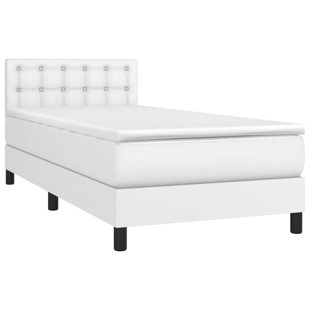 vidaXL Pat cu arcuri, saltea și LED, alb, 100x200 cm, piele ecologică