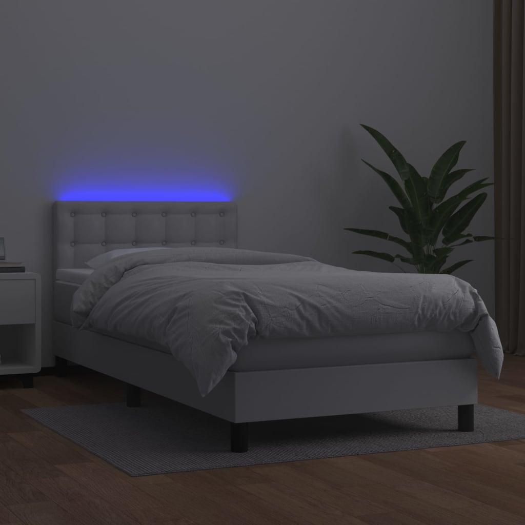 vidaXL Pat cu arcuri, saltea și LED, alb, 100x200 cm, piele ecologică