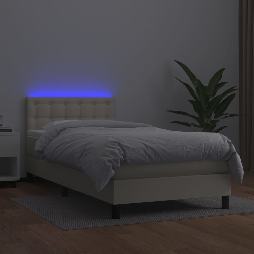 vidaXL Pat cu arcuri, saltea și LED, crem, 100x200 cm, piele ecologică
