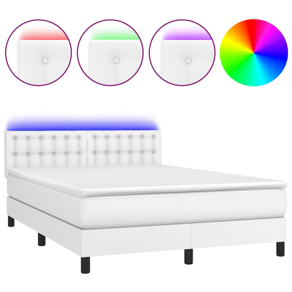 vidaXL Pat cu arcuri, saltea și LED, alb, 140x200 cm, piele eco