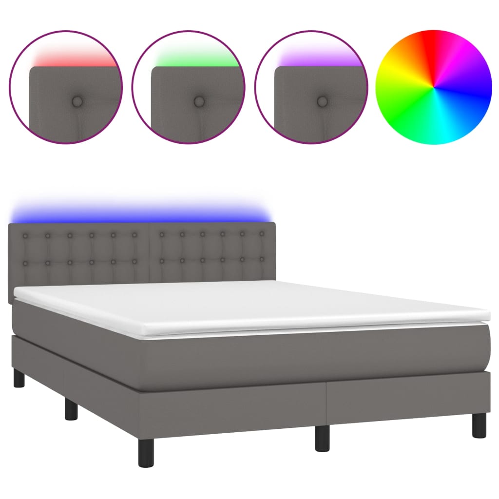 vidaXL Pat cu arcuri, saltea și LED, gri, 140x200 cm, piele eco