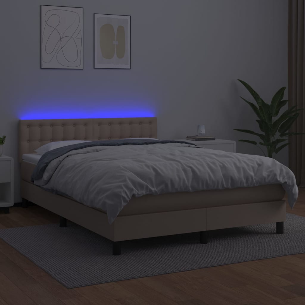 vidaXL Pat cu arcuri, saltea și LED, cappuccino, 140x200cm, piele eco