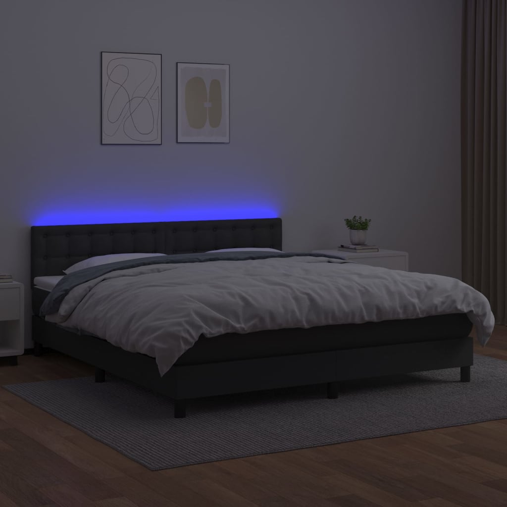 vidaXL Pat cu arcuri, saltea și LED, negru, 160x200cm, piele ecologică