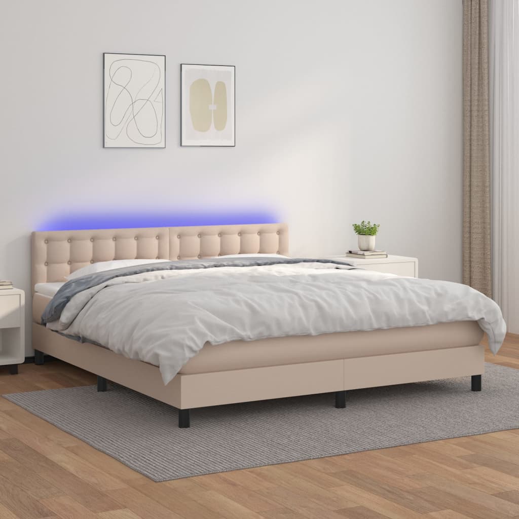 vidaXL Pat cu arcuri, cu saltea și LED, cappuccino 160x200cm piele eco vidaXL Pat cu arcuri, cu saltea și LED, cappuccino 160x200cm piele eco