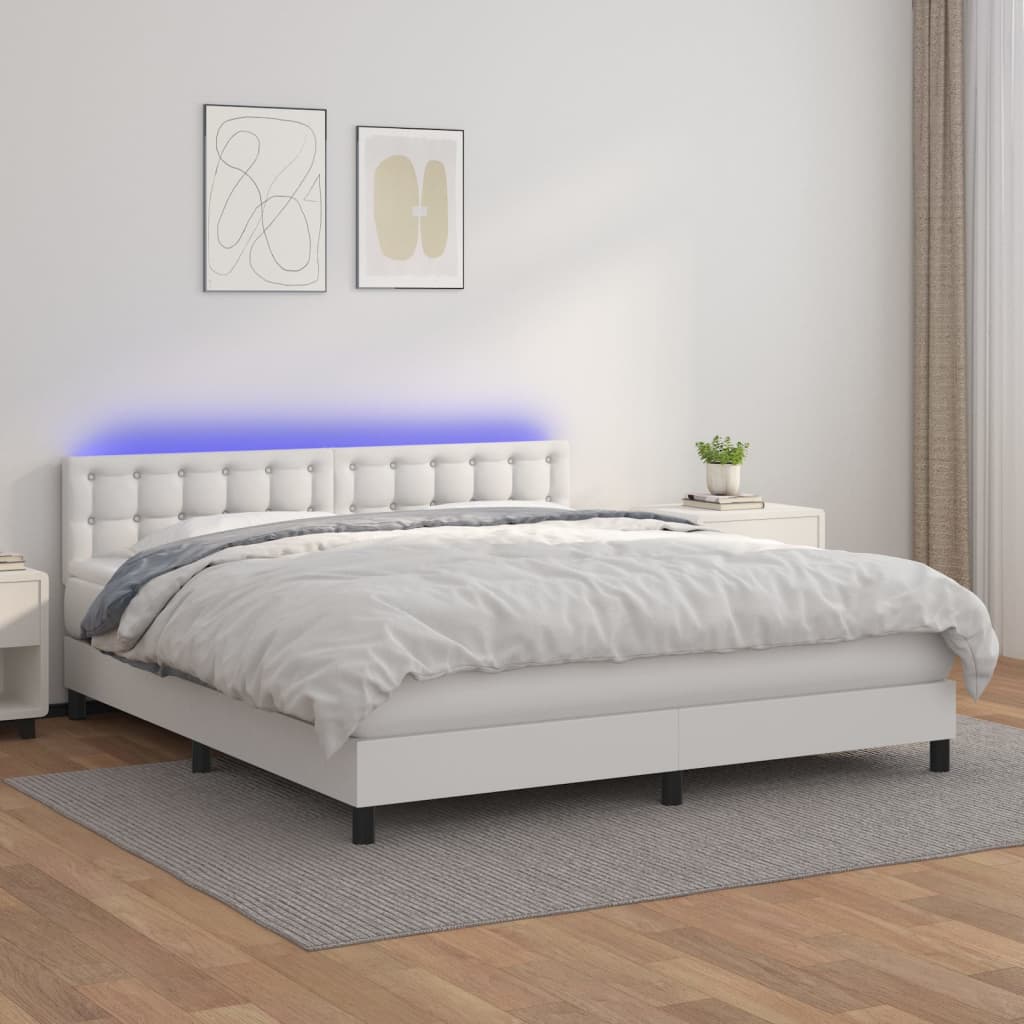 vidaXL Pat cu arcuri, saltea și LED, alb, 180x200 cm, piele ecologică vidaXL Pat cu arcuri, saltea și LED, alb, 180x200 cm, piele ecologică