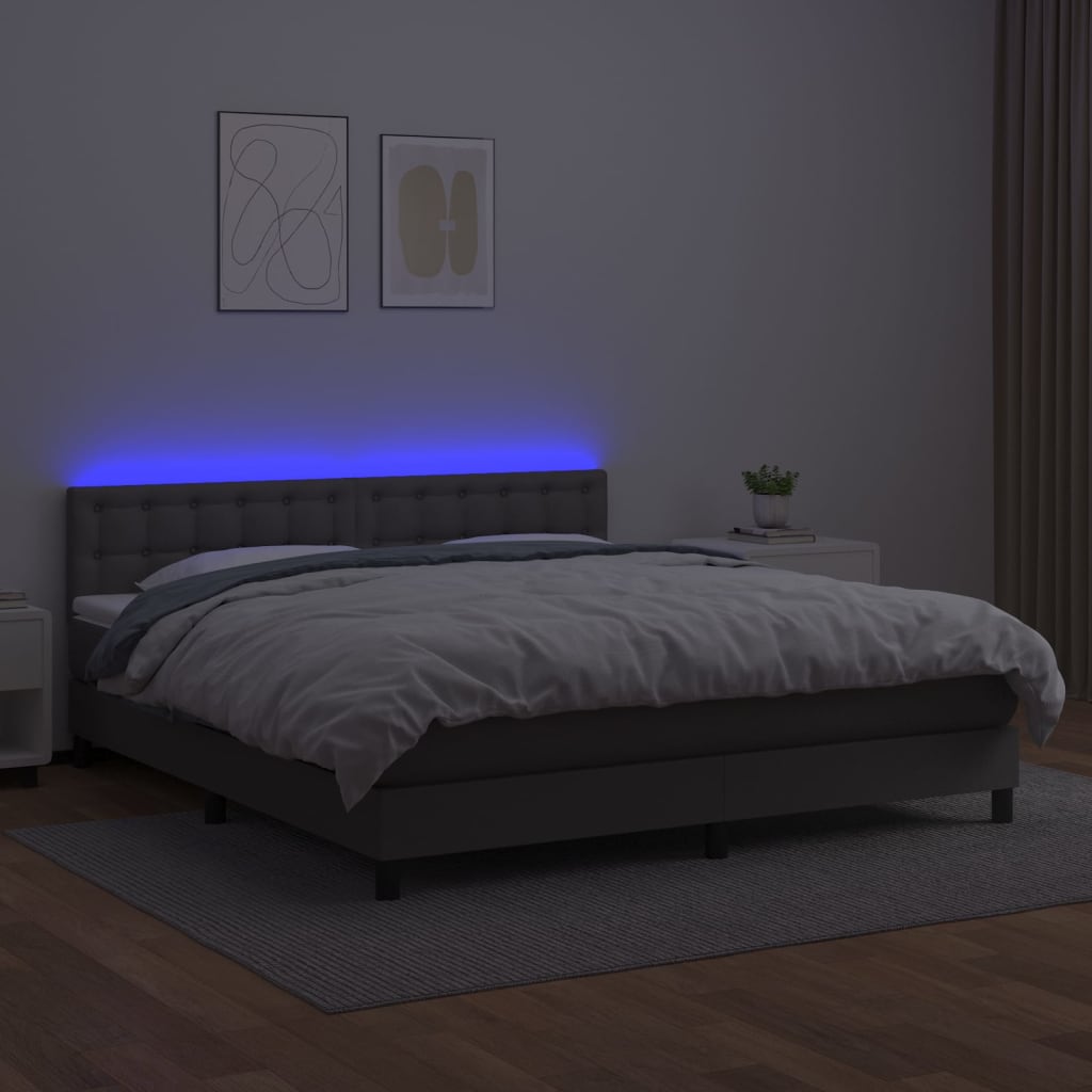 vidaXL Pat cu arcuri, saltea și LED, gri, 180x200 cm, piele ecologică