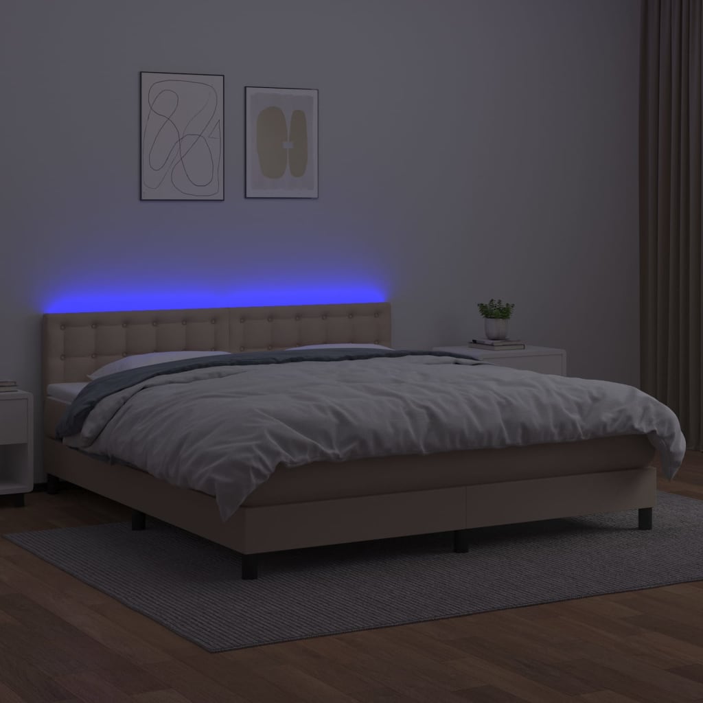 vidaXL Pat cu arcuri, cu saltea și LED cappuccino 180x200 cm piele eco vidaXL Pat cu arcuri, cu saltea și LED cappuccino 180x200 cm piele eco