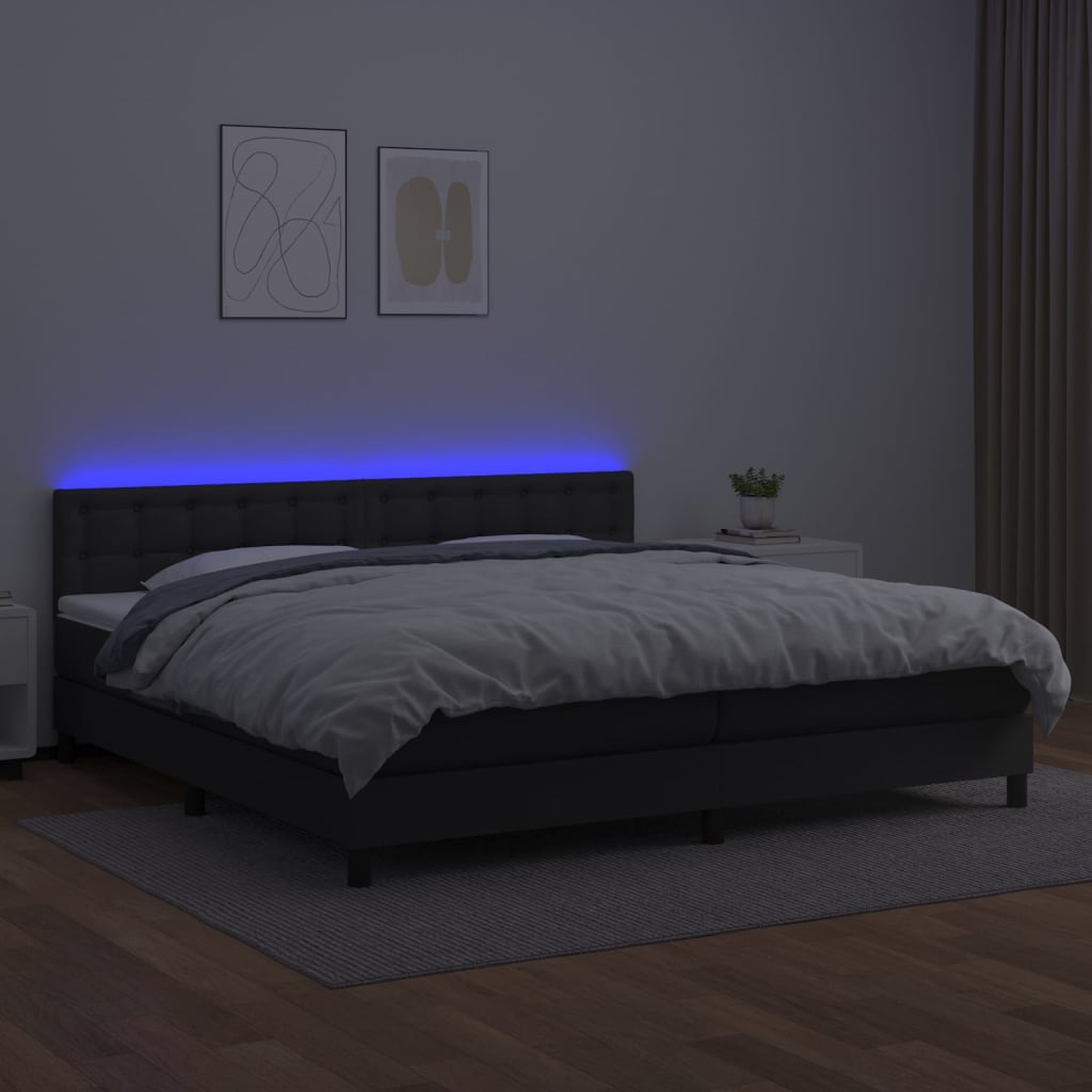 vidaXL Pat cu arcuri, saltea și LED, negru, 200x200cm, piele ecologică
