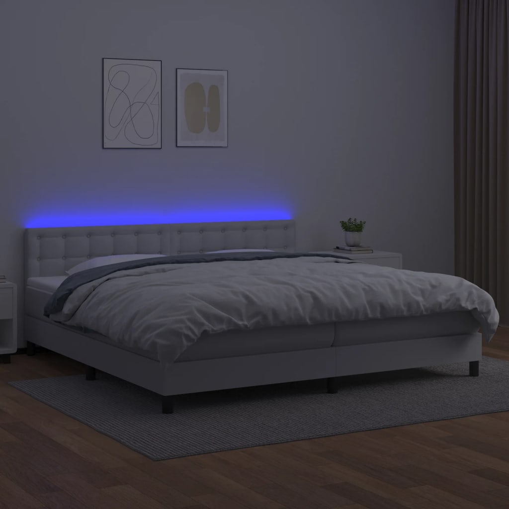 vidaXL Pat cu arcuri, saltea și LED, alb, 200x200 cm, piele ecologică