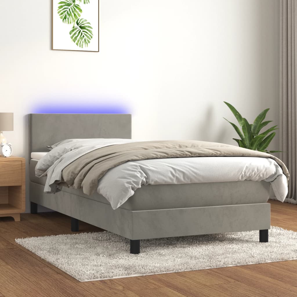 vidaXL Pat cu arcuri, saltea și LED, gri deschis, 90x190 cm, catifea vidaXL Pat cu arcuri, saltea și LED, gri deschis, 90x190 cm, catifea