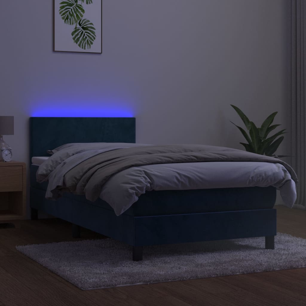 vidaXL Pat cu arcuri, saltea și LED, bleumarin, 90x190 cm, catifea