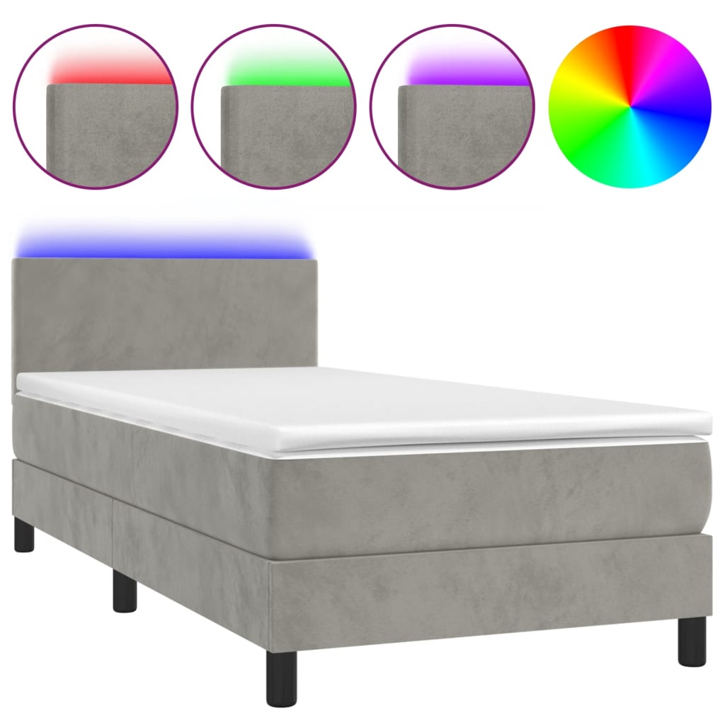 vidaXL Pat cu arcuri, saltea și LED, gri deschis, 100x200 cm, catifea vidaXL Pat cu arcuri, saltea și LED, gri deschis, 100x200 cm, catifea