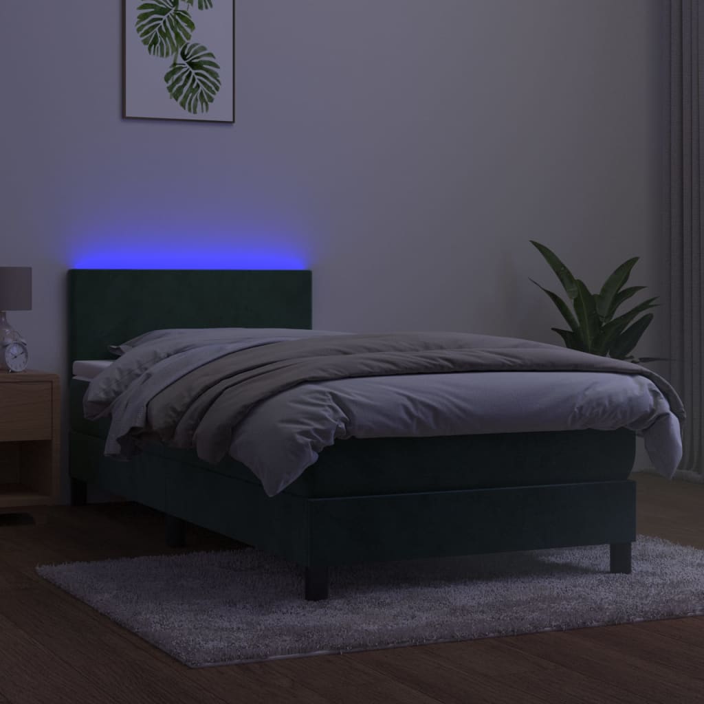 vidaXL Pat cu arcuri, saltea și LED, verde închis, 100x200 cm, catifea