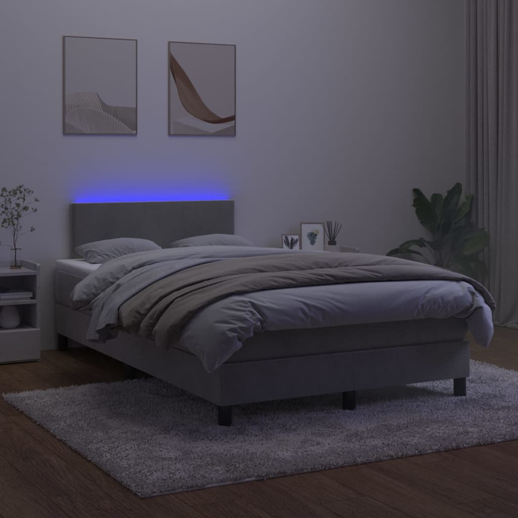 vidaXL Pat cu arcuri, saltea și LED, gri deschis, 120x200 cm, catifea