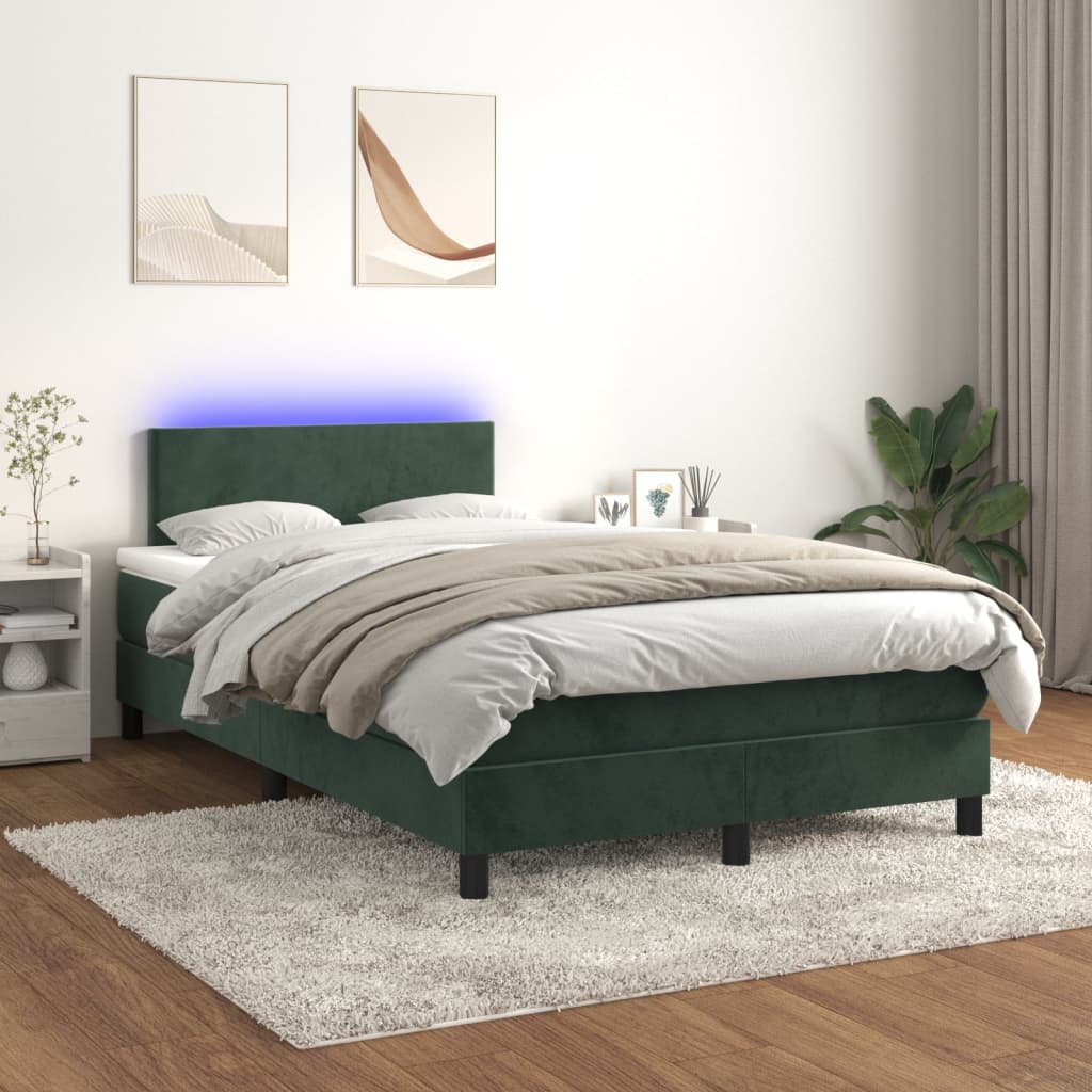 vidaXL Pat cu arcuri, saltea și LED, verde închis, 120x200 cm, catifea vidaXL Pat cu arcuri, saltea și LED, verde închis, 120x200 cm, catifea