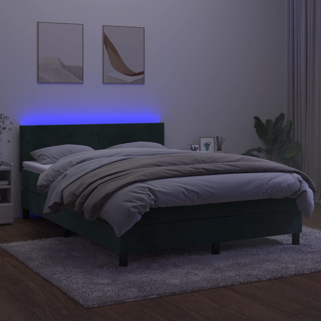 vidaXL Pat cu arcuri, saltea și LED, verde închis, 140x190 cm, catifea vidaXL Pat cu arcuri, saltea și LED, verde închis, 140x190 cm, catifea