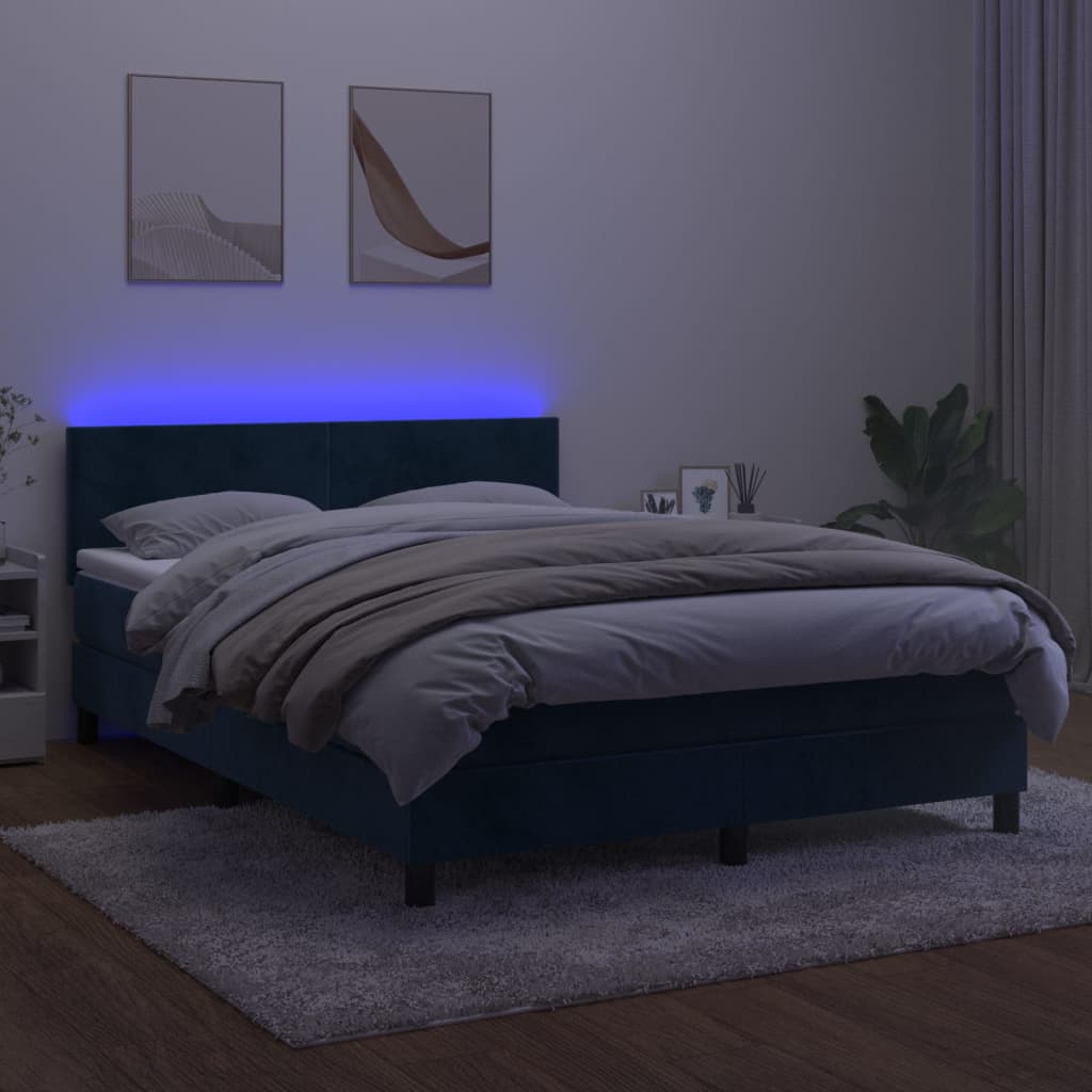 vidaXL Pat cu arcuri, saltea și LED, bleumarin, 140x190 cm, catifea