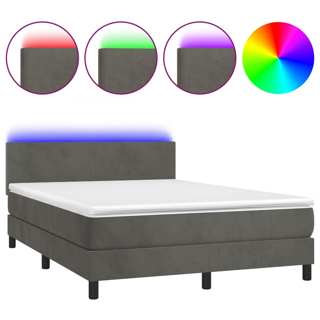 vidaXL Pat cu arcuri, saltea și LED, gri închis, 140x200 cm, catifea vidaXL Pat cu arcuri, saltea și LED, gri închis, 140x200 cm, catifea