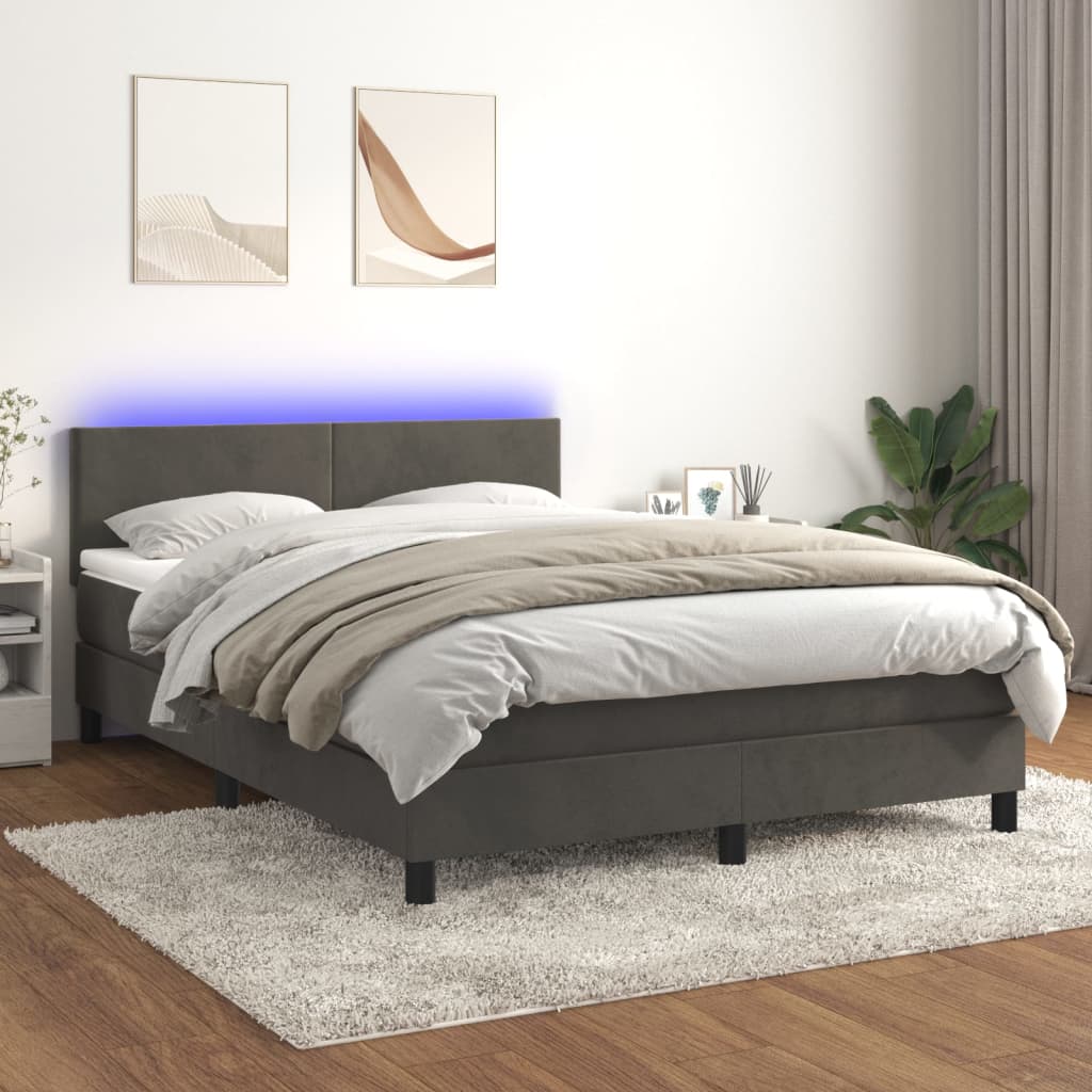 vidaXL Pat cu arcuri, saltea și LED, gri închis, 140x200 cm, catifea vidaXL Pat cu arcuri, saltea și LED, gri închis, 140x200 cm, catifea