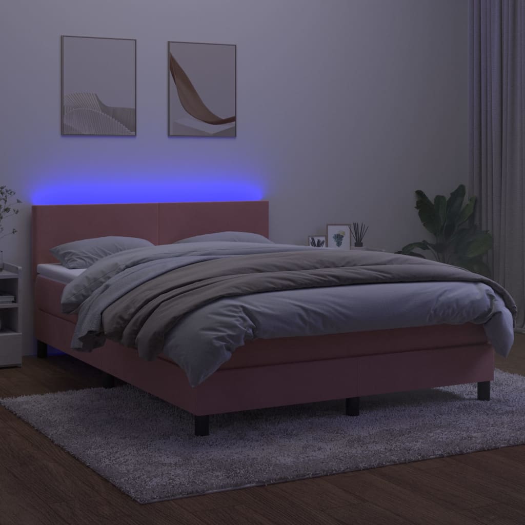 vidaXL Pat cu arcuri, saltea și LED, roz, 140x200 cm, catifea