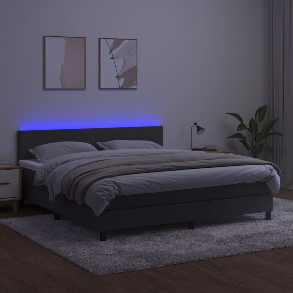 vidaXL Pat cu arcuri, saltea și LED, gri închis, 180x200 cm, catifea