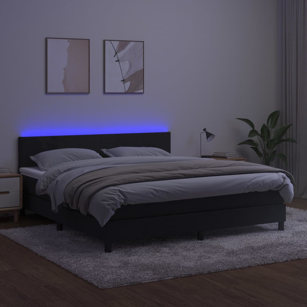 vidaXL Pat cu arcuri, saltea și LED, negru, 180x200 cm, catifea