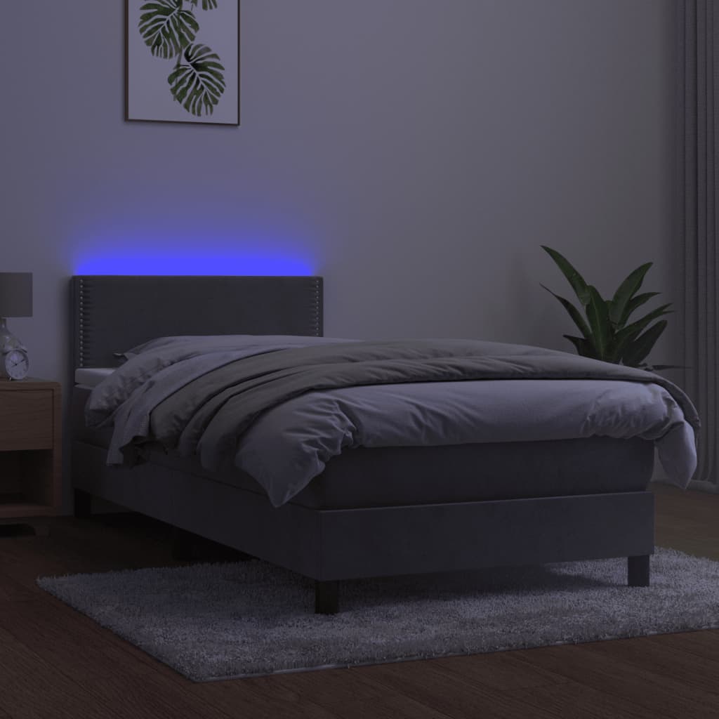 vidaXL Pat cu arcuri, saltea și LED, gri deschis, 90x200 cm, catifea