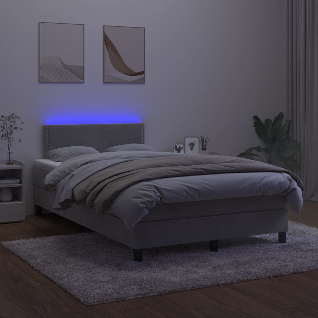vidaXL Pat cu arcuri, saltea și LED, gri deschis, 120x200 cm, catifea