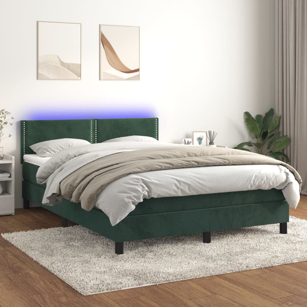 vidaXL Pat cu arcuri, saltea și LED, verde închis, 140x190 cm, catifea vidaXL Pat cu arcuri, saltea și LED, verde închis, 140x190 cm, catifea