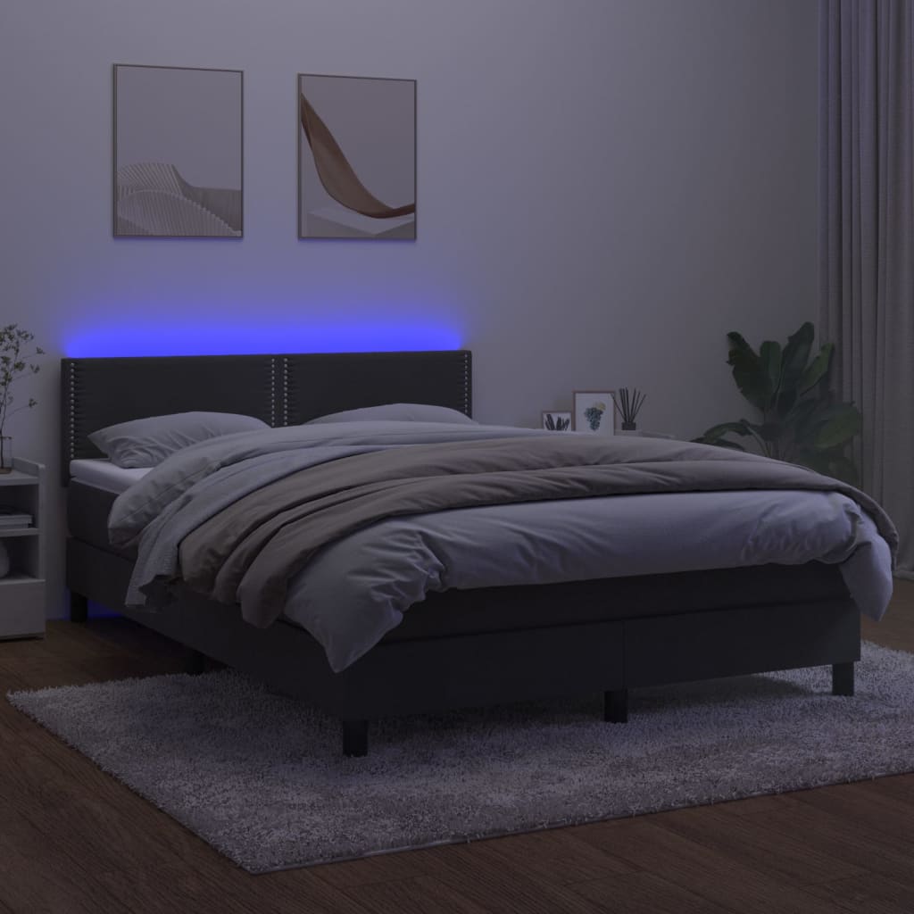 vidaXL Pat cu arcuri, saltea și LED, gri închis, 140x200 cm, catifea
