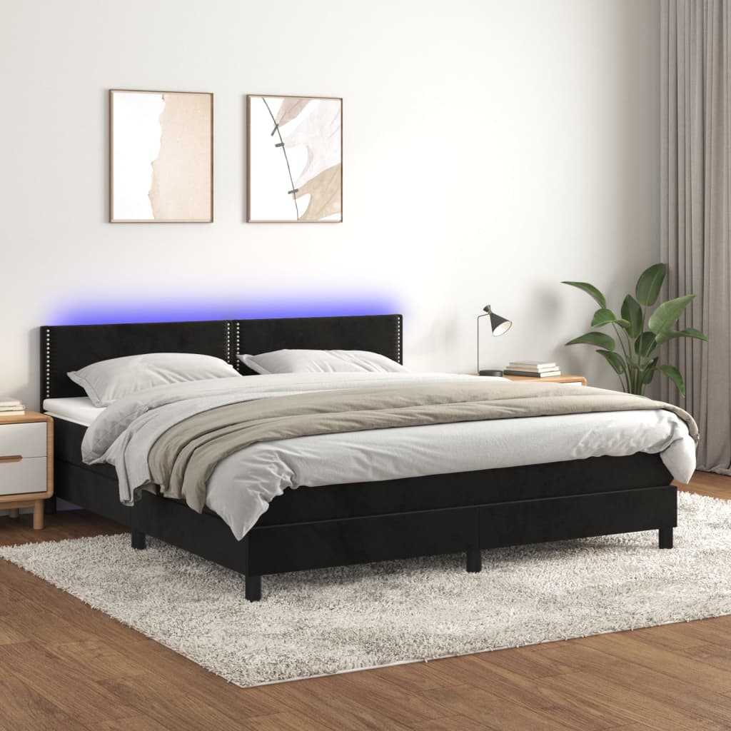 vidaXL Pat cu arcuri, saltea și LED, negru, 180x200 cm, catifea vidaXL Pat cu arcuri, saltea și LED, negru, 180x200 cm, catifea