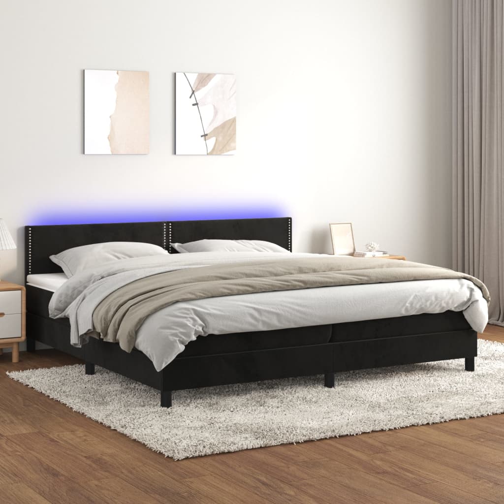 vidaXL Pat cu arcuri, saltea și LED, negru, 200x200 cm, catifea vidaXL Pat cu arcuri, saltea și LED, negru, 200x200 cm, catifea