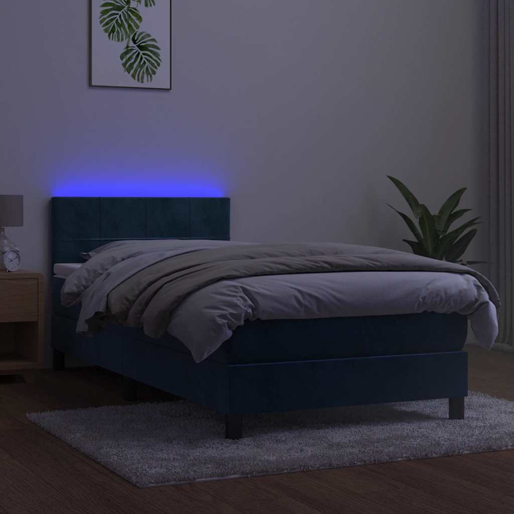 vidaXL Pat cu arcuri, saltea și LED, bleumarin, 90x190 cm, catifea