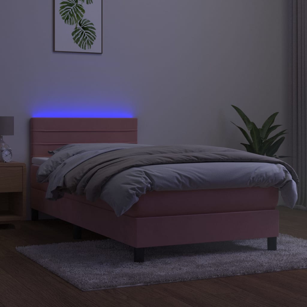 vidaXL Pat cu arcuri, saltea și LED, roz, 90x190 cm, catifea
