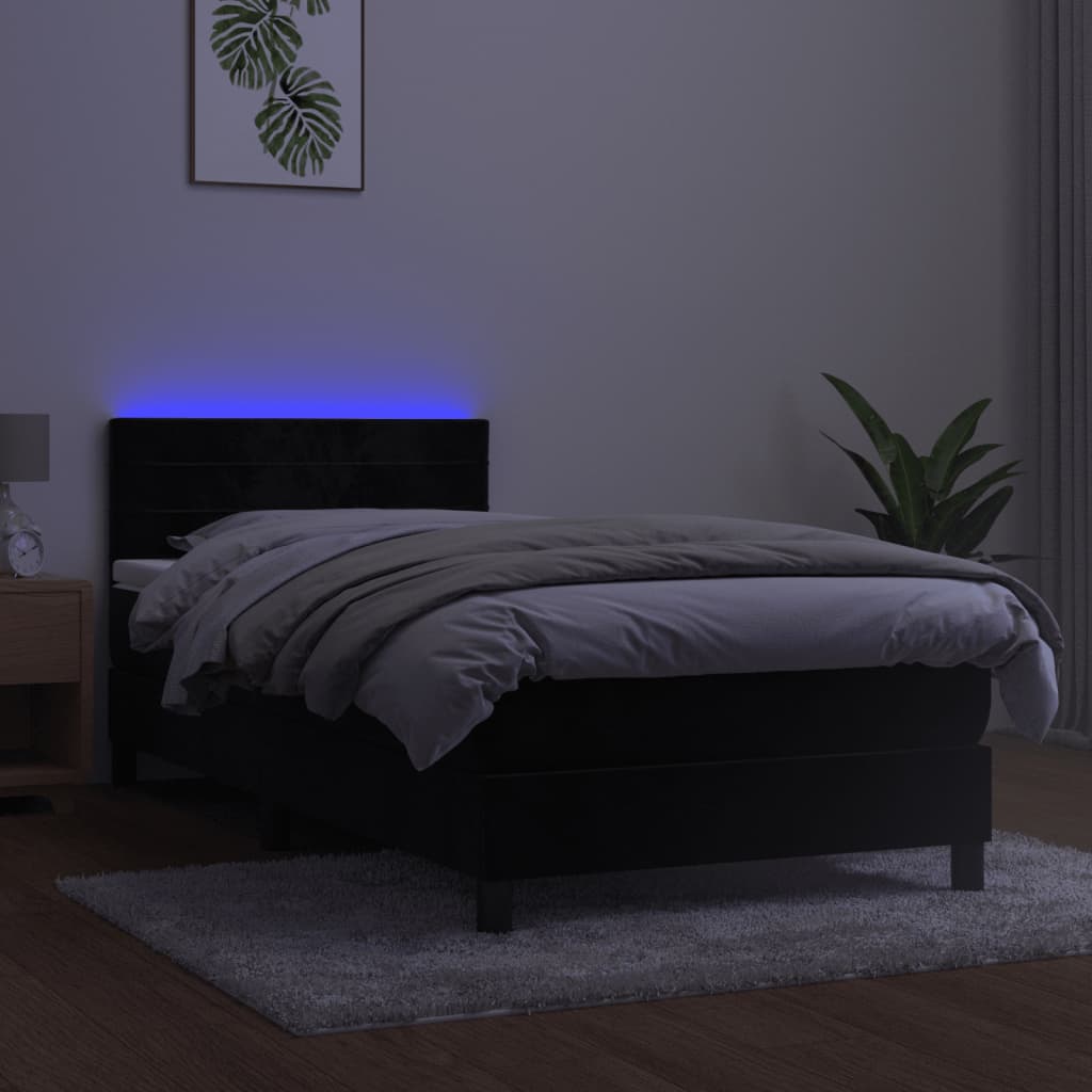 vidaXL Pat cu arcuri, saltea și LED, negru, 90x200 cm, catifea vidaXL Pat cu arcuri, saltea și LED, negru, 90x200 cm, catifea