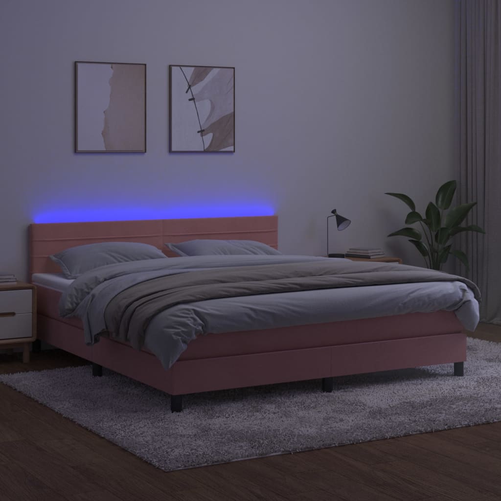 vidaXL Pat cu arcuri, saltea & LED, roz, 180x200 cm, catifea