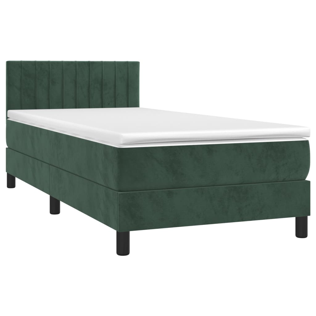 vidaXL Pat cu arcuri, saltea și LED, verde închis, 90x190 cm, catifea vidaXL Pat cu arcuri, saltea și LED, verde închis, 90x190 cm, catifea