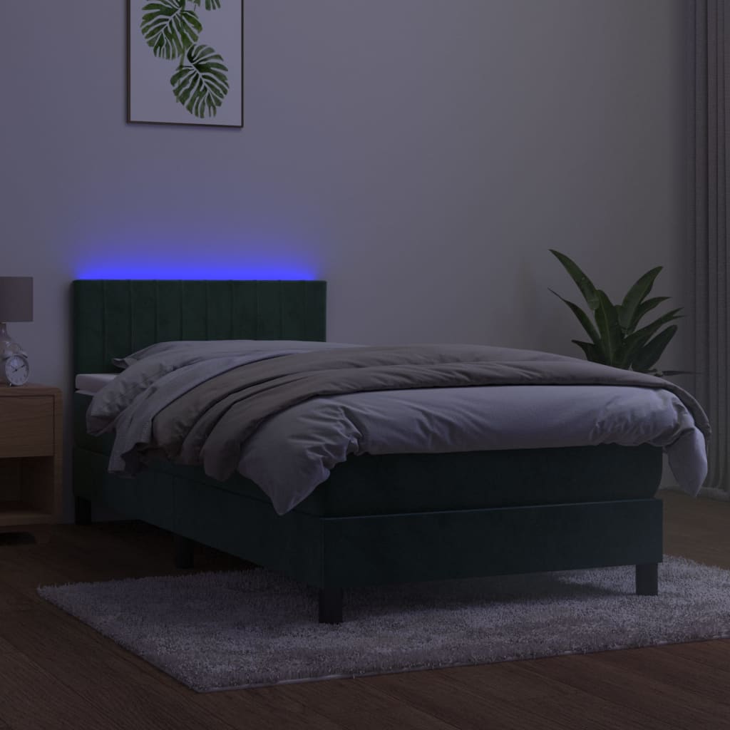 vidaXL Pat cu arcuri, saltea și LED, verde închis, 90x190 cm, catifea vidaXL Pat cu arcuri, saltea și LED, verde închis, 90x190 cm, catifea