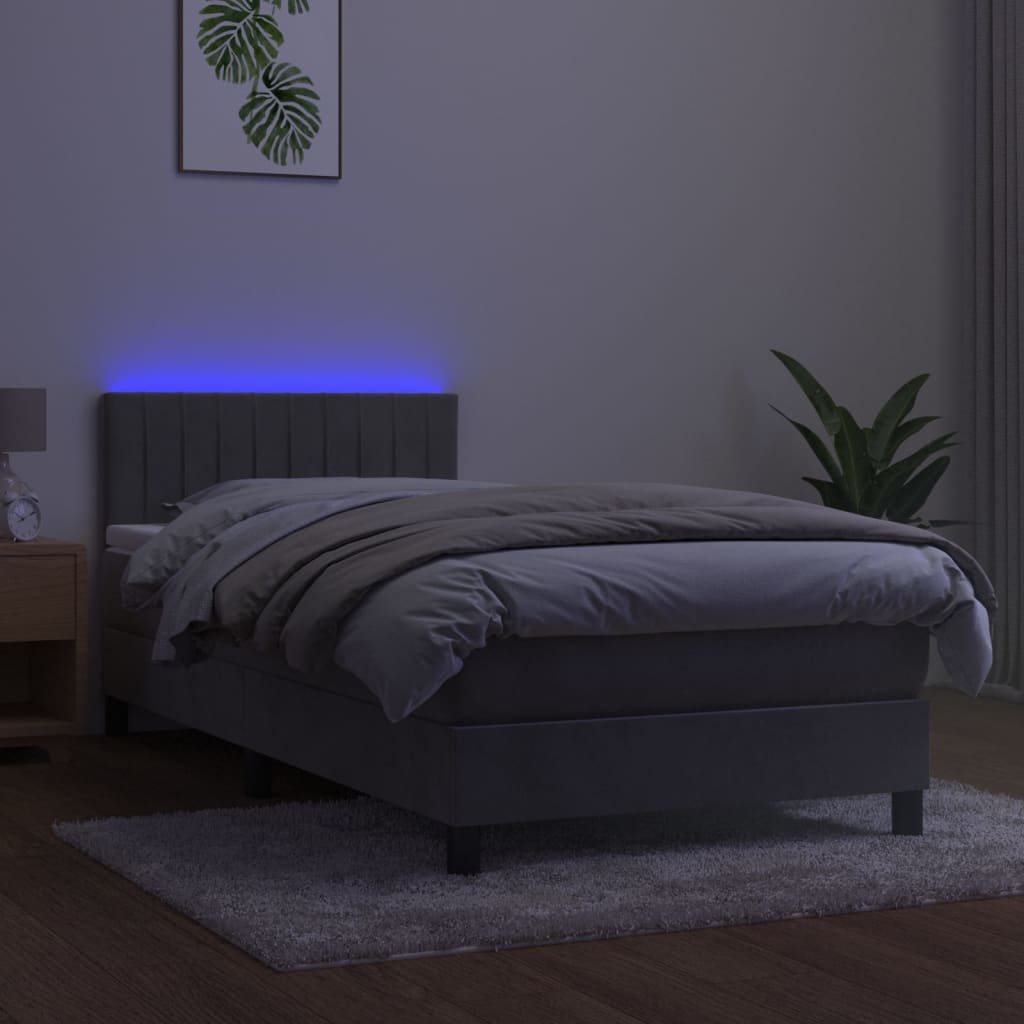 vidaXL Pat cu arcuri, saltea și LED, gri deschis, 90x200 cm, catifea