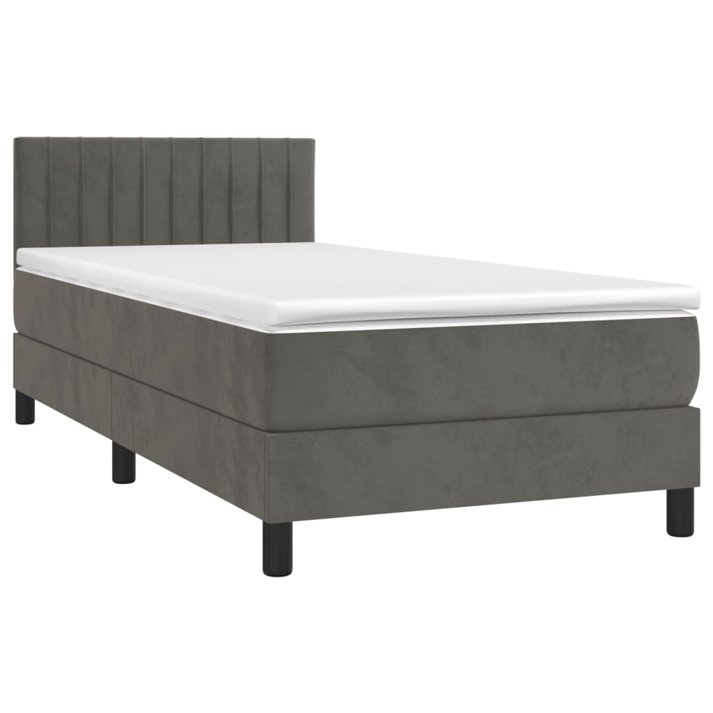 vidaXL Pat cu arcuri, saltea și LED, gri închis, 90x200 cm, catifea