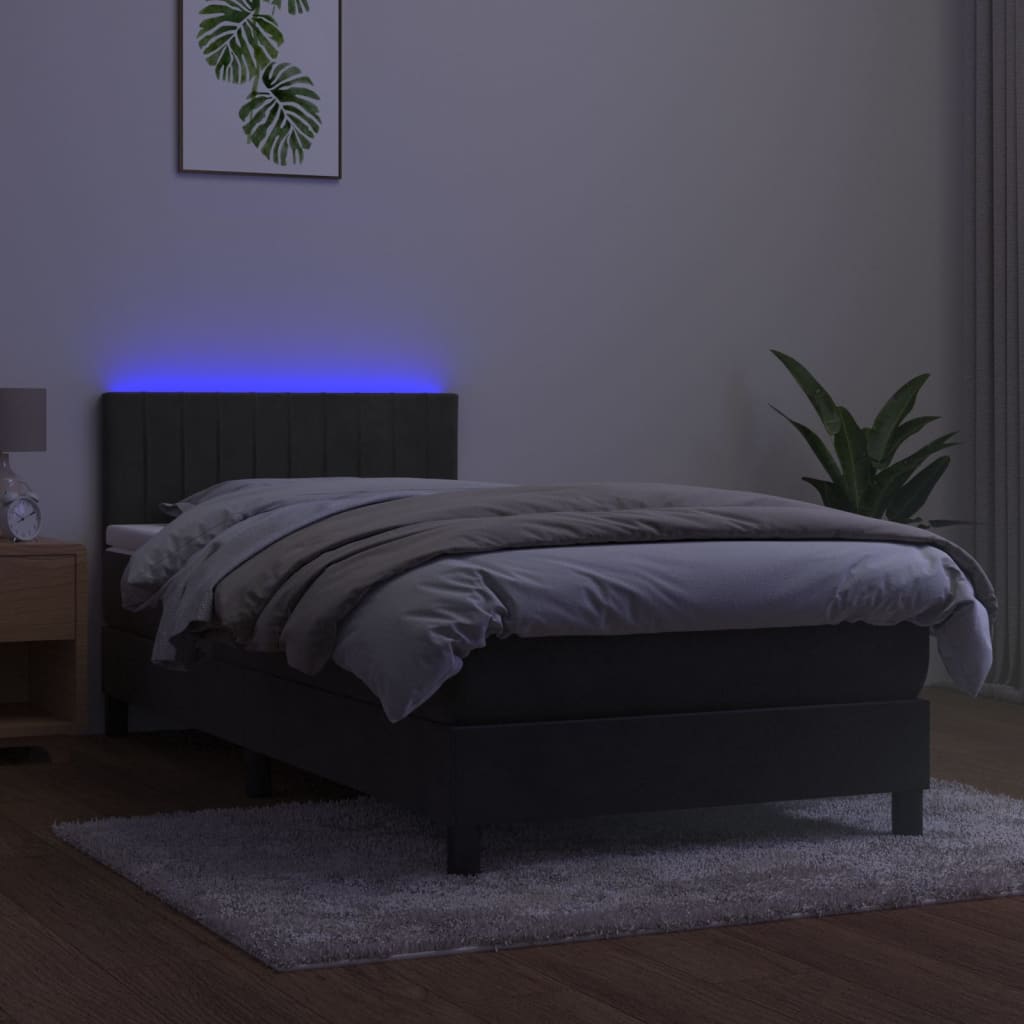 vidaXL Pat cu arcuri, saltea și LED, gri închis, 90x200 cm, catifea