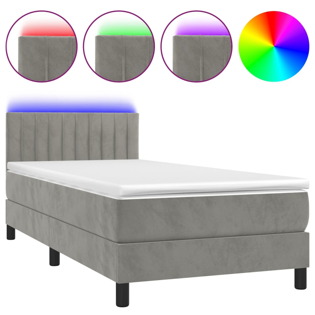vidaXL Pat cu arcuri, saltea și LED, gri deschis, 100x200 cm, catifea vidaXL Pat cu arcuri, saltea și LED, gri deschis, 100x200 cm, catifea