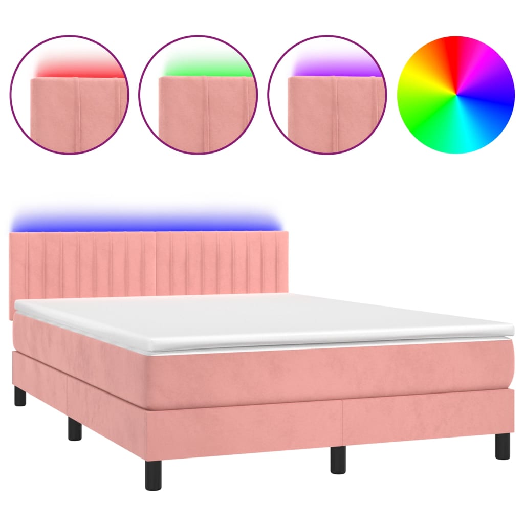 vidaXL Pat cu arcuri, cu saltea și LED, roz, 140x190 cm catifea