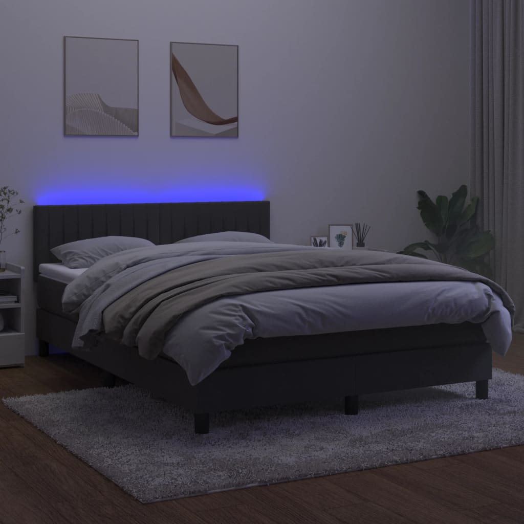 vidaXL Pat cu arcuri, saltea și LED, gri închis, 140x200 cm, catifea