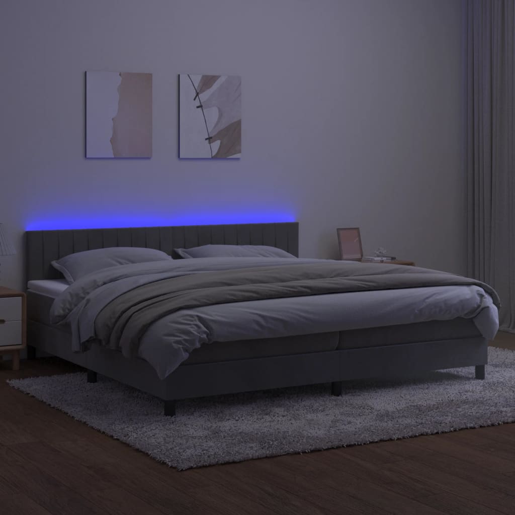 vidaXL Pat cu arcuri, saltea și LED, gri deschis, 200x200 cm, catifea