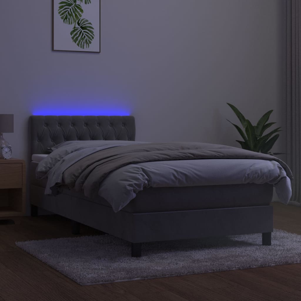 vidaXL Pat cu arcuri, saltea și LED, gri deschis, 90x190 cm, catifea